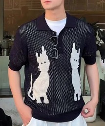 【26年春夏新作】キャットデザイン 透かし編み メッシュニットポロシャツ