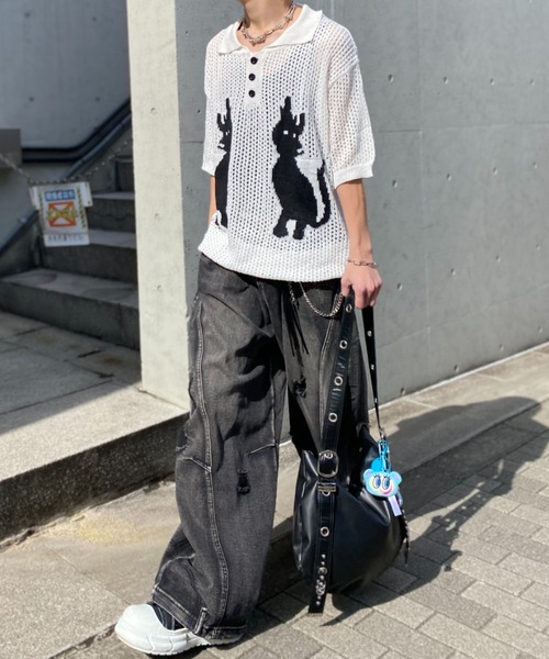 lilful(リルフル)の「【26年春夏新作】キャットデザイン 透かし編み メッシュニットポロシャツ(ポロシャツ・メンズ・ホワイト/ネイビー・M/L)」の10枚目の写真