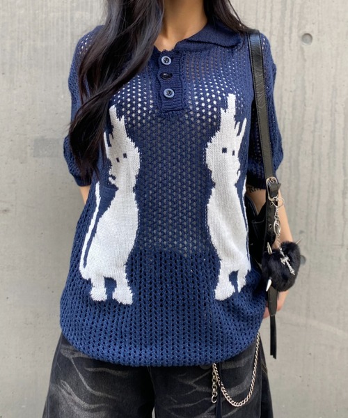 lilful(リルフル)の「【26年春夏新作】キャットデザイン 透かし編み メッシュニットポロシャツ(ポロシャツ・メンズ・ホワイト/ネイビー・M/L)」の8枚目の写真
