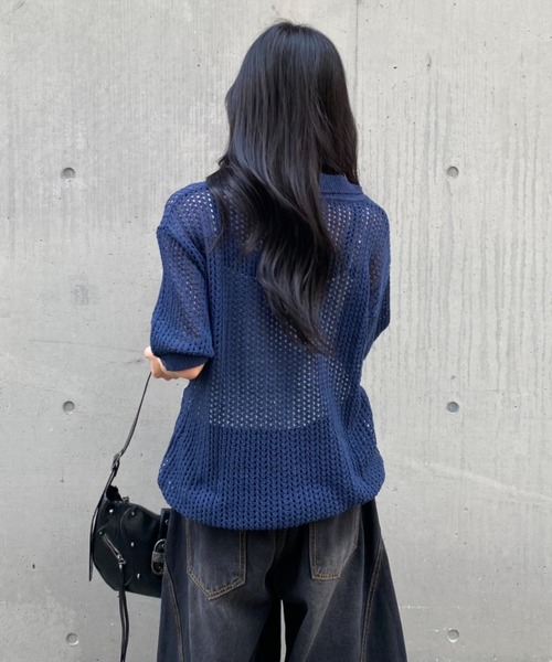 lilful(リルフル)の「【26年春夏新作】キャットデザイン 透かし編み メッシュニットポロシャツ(ポロシャツ・メンズ・ホワイト/ネイビー・M/L)」の9枚目の写真