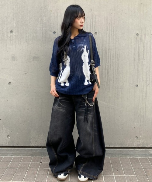 lilful(リルフル)の「【26年春夏新作】キャットデザイン 透かし編み メッシュニットポロシャツ(ポロシャツ・メンズ・ホワイト/ネイビー・M/L)」の16枚目の写真