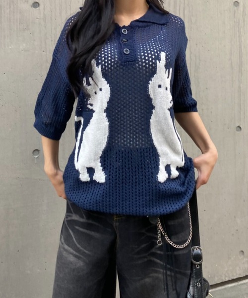 lilful(リルフル)の「【26年春夏新作】キャットデザイン 透かし編み メッシュニットポロシャツ(ポロシャツ・メンズ・ホワイト/ネイビー・M/L)」の17枚目の写真