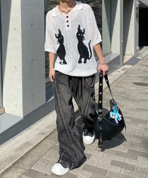 lilful(リルフル)の「【26年春夏新作】キャットデザイン 透かし編み メッシュニットポロシャツ(ポロシャツ・メンズ・ホワイト/ネイビー・M/L)」の12枚目の写真