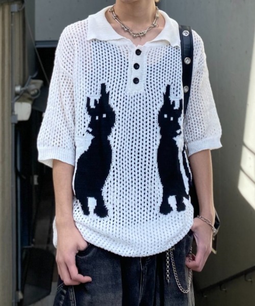 lilful(リルフル)の「【26年春夏新作】キャットデザイン 透かし編み メッシュニットポロシャツ(ポロシャツ・メンズ・ホワイト/ネイビー・M/L)」の19枚目の写真