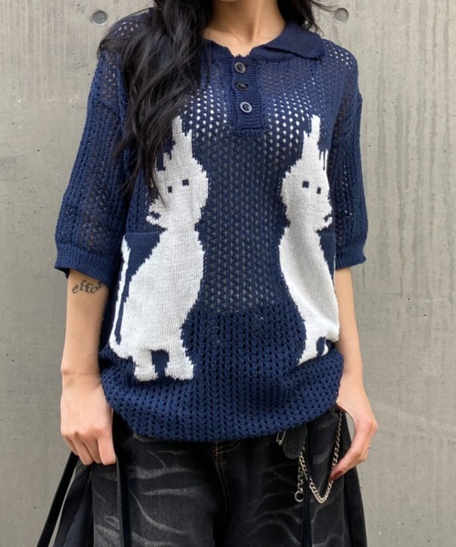 lilful(リルフル)の「【26年春夏新作】キャットデザイン 透かし編み メッシュニットポロシャツ(ポロシャツ・メンズ・ホワイト/ネイビー・M/L)」の20枚目の写真