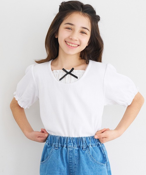 coca（coca）（コカ）の「キッズ　リブレイヤードリボントップス（Tシャツ/カットソー・キッズ・ホワイト/ブラック・120/130/140/150）」の2枚目の写真