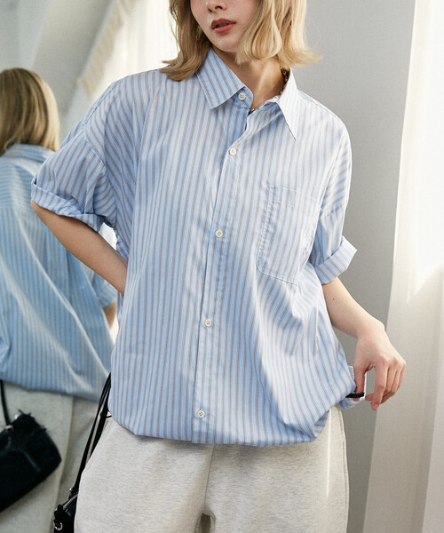 PUBLUX（パブリュクス）の「PUBLUX/パブリュクス LOVE POP STUDIO レギュラーカラー ハーフスリーブ シャツ　限定展開（シャツ/ブラウス・メンズ・サックスブルー/ネイビー/グレー/ブルー・SMALL/LARGE/MEDIUM）」の4枚目の写真