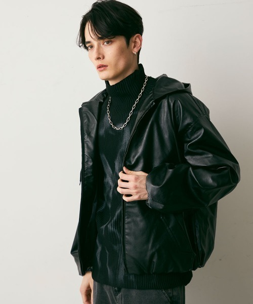 Shoowtime(ショウタイム)の「Oversized Faux Leather Zip Hoodie / 合成皮革オーバーサイズジップパーカー(パーカー・メンズ・ブラック・MEDIUM/LARGE/X-LARGE)」の8枚目の写真
