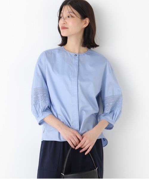 human woman（ヒューマンウーマン）の「◆レースドッキングクルーネックブラウス（シャツ/ブラウス・レディース・ネイビー/ホワイト/ブルー・MEDIUM）」の3枚目の写真