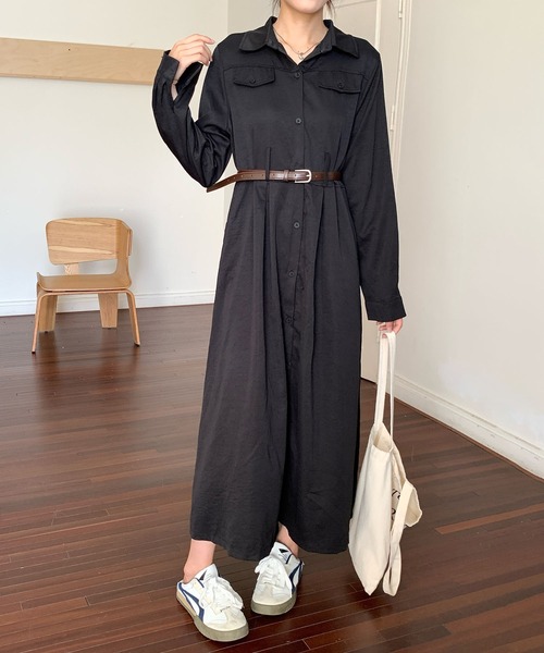 aimoha（アイモハ）の「ウエストベルト付き ロングシャツワンピース（ワンピース・レディース・ブラック/ライトベージュ・FREE）」の3枚目の写真
