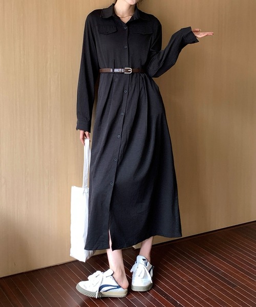 aimoha（アイモハ）の「ウエストベルト付き ロングシャツワンピース（ワンピース・レディース・ブラック/ライトベージュ・FREE）」の4枚目の写真