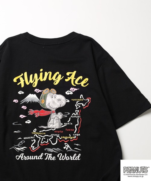 PEANUTS(ピーナッツ)の「PEANUTS 地図柄 刺繍 天竺半袖Tシャツ(Tシャツ/カットソー・レディース・ブラック/オフホワイト・S/LL/M/L)」の1枚目の写真