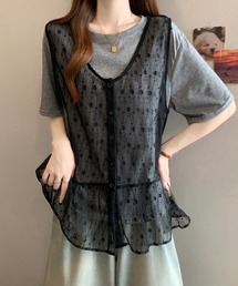 レースレイヤードトップスセット(Tシャツ+シアーベスト)