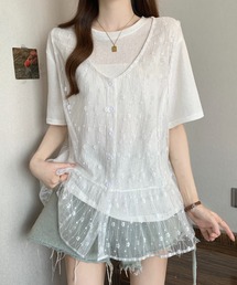 レースレイヤードトップスセット(Tシャツ+シアーベスト)
