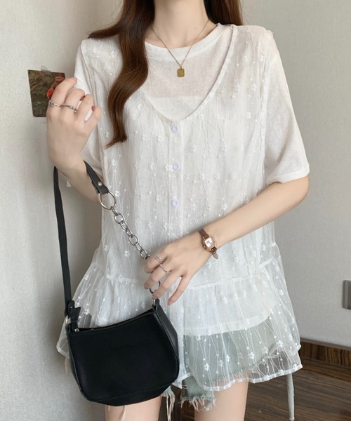 LUCPY(ラクピー)の「レースレイヤードトップスセット(Tシャツ+シアーベスト)(その他トップス・レディース・グレー/ホワイト・XX-LARGE/X-LARGE/LARGE/MEDIUM)」の4枚目の写真