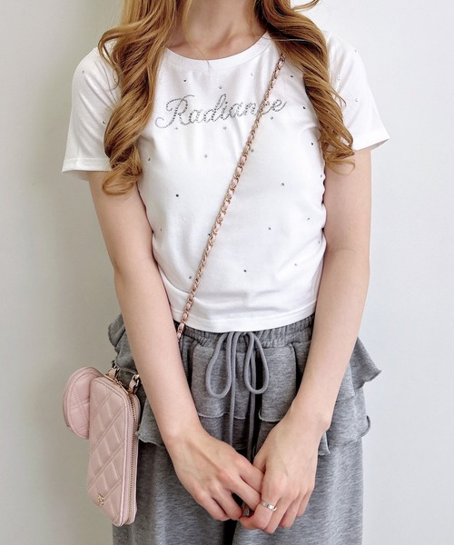INGNI（イング）の「ラインストーン飛ばしロゴサイドギャザーTシャツ（Tシャツ/カットソー・レディース・ブラック/ライトピンク/オフホワイト・M）」の6枚目の写真