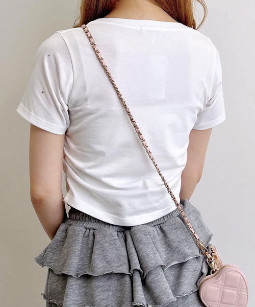INGNI（イング）の「ラインストーン飛ばしロゴサイドギャザーTシャツ（Tシャツ/カットソー・レディース・ブラック/ライトピンク/オフホワイト・M）」の8枚目の写真