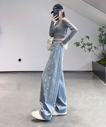 ハイウエスト ラインストーン装飾 ワイドレッグ デニムパンツ
