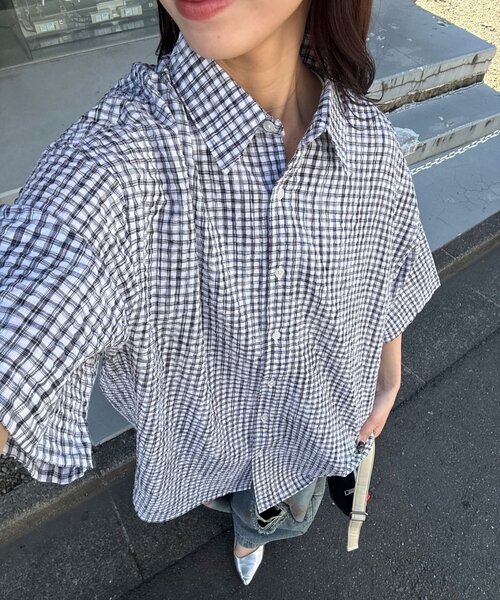 CIAOPANIC(チャオパニック)の「チェックサッカー半袖シャツ(シャツ/ブラウス・レディース・サックスブルー/ブルー/ホワイト/ブラック・MEDIUM/LARGE)」の2枚目の写真