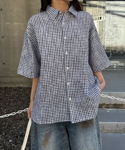 CIAOPANIC(チャオパニック)の「チェックサッカー半袖シャツ(シャツ/ブラウス・レディース・サックスブルー/ブルー/ホワイト/ブラック・MEDIUM/LARGE)」の6枚目の写真