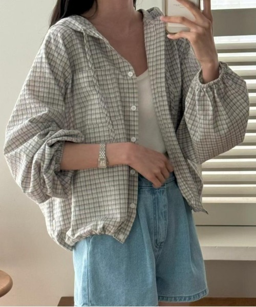 Emilie（エミリー）の「チェック柄シャツパーカー（パーカー・レディース・ブラック/ホワイト・FREE）」の3枚目の写真