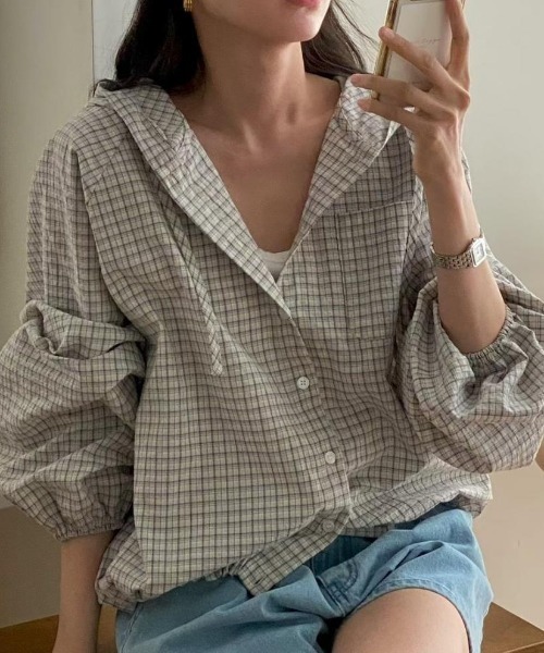 Emilie（エミリー）の「チェック柄シャツパーカー（パーカー・レディース・ブラック/ホワイト・FREE）」の4枚目の写真