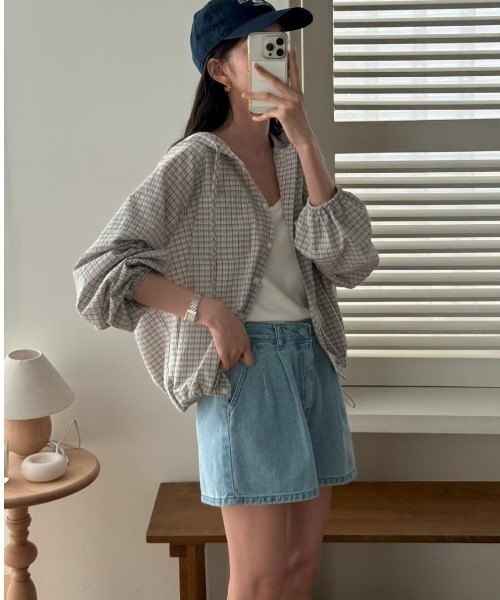 Emilie（エミリー）の「チェック柄シャツパーカー（パーカー・レディース・ブラック/ホワイト・FREE）」の6枚目の写真