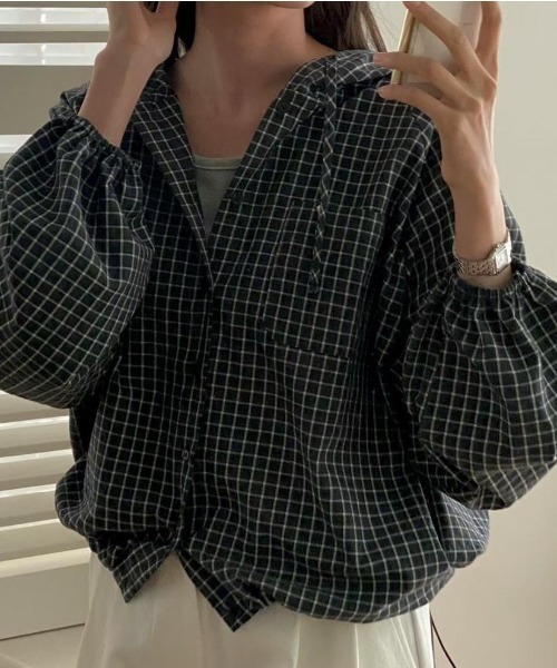 Emilie（エミリー）の「チェック柄シャツパーカー（パーカー・レディース・ブラック/ホワイト・FREE）」の7枚目の写真