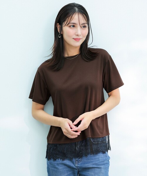 ANY SIS(エニィスィス)の「裾レース半袖Tシャツ(Tシャツ/カットソー・レディース・アイボリー系/ダークブラウン系・MEDIUM)」の3枚目の写真