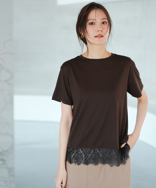 ANY SIS(エニィスィス)の「裾レース半袖Tシャツ(Tシャツ/カットソー・レディース・アイボリー系/ダークブラウン系・MEDIUM)」の9枚目の写真