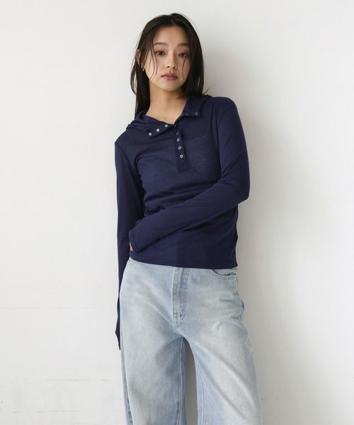 hellam(へラム)の「シアーフライスフーディトップス(Tシャツ/カットソー・レディース・ネイビー/アイボリー/ブラック/杢グレー・FREE)」の13枚目の写真
