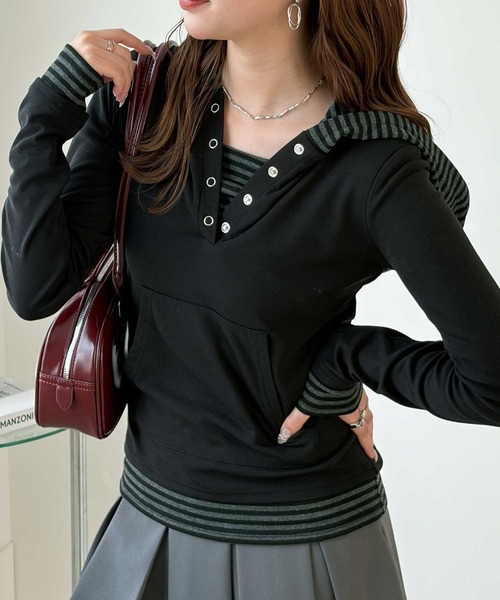 GeeRA(ジーラ)の「レイヤード風フーディカットソー(Tシャツ/カットソー・レディース・チャコール/ブラック・MEDIUM/SMALL/X-LARGE/LARGE)」の5枚目の写真