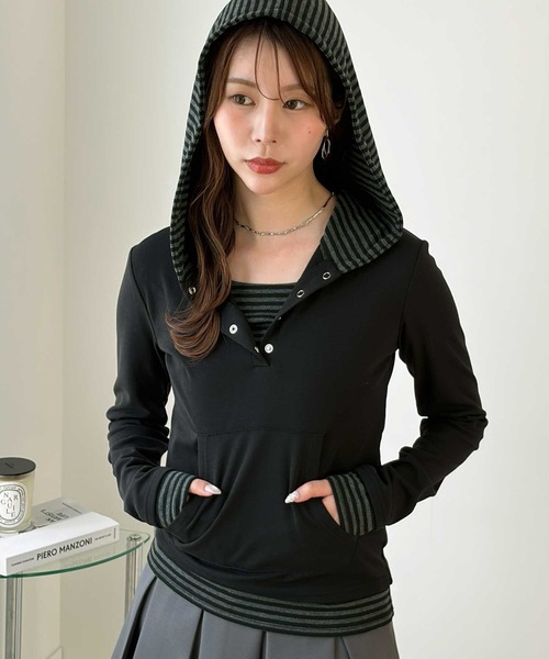 GeeRA(ジーラ)の「レイヤード風フーディカットソー(Tシャツ/カットソー・レディース・チャコール/ブラック・MEDIUM/SMALL/X-LARGE/LARGE)」の6枚目の写真