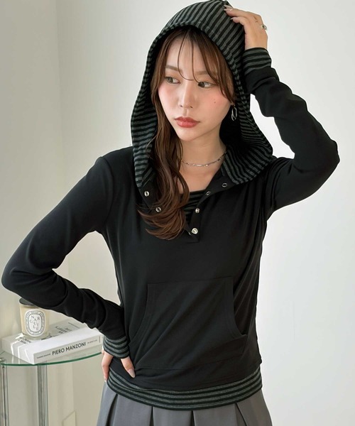 GeeRA(ジーラ)の「レイヤード風フーディカットソー(Tシャツ/カットソー・レディース・チャコール/ブラック・MEDIUM/SMALL/X-LARGE/LARGE)」の7枚目の写真