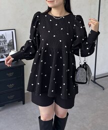 ハート刺繍パフスリーブペプラムブラウス