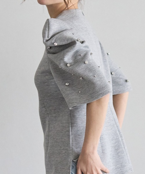 BIRTHDAY BASH(バースデイバッシュ)の「BIJOU PUFF FRENCH SLEEVE TOPS(ビジューパフフレンチスリーブトップス)(Tシャツ/カットソー・レディース・グレー/アイボリー・FREE)」の3枚目の写真