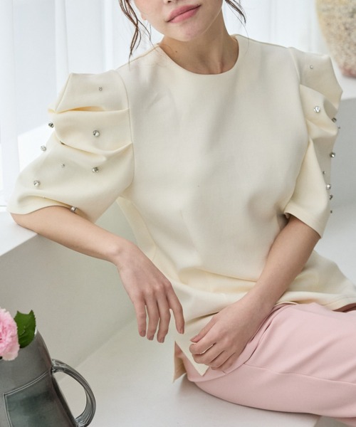BIRTHDAY BASH(バースデイバッシュ)の「BIJOU PUFF FRENCH SLEEVE TOPS(ビジューパフフレンチスリーブトップス)(Tシャツ/カットソー・レディース・グレー/アイボリー・FREE)」の9枚目の写真