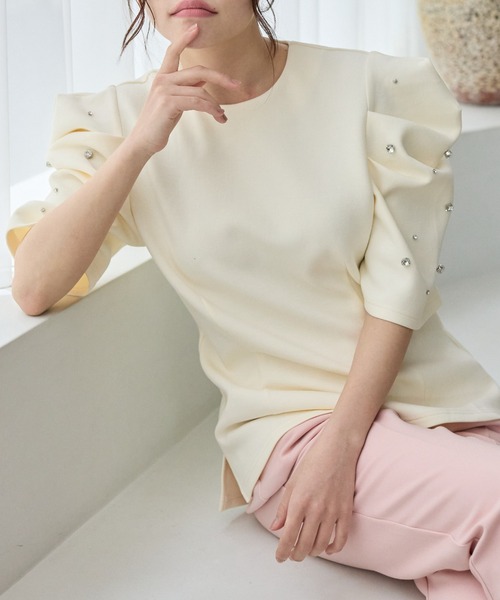 BIRTHDAY BASH(バースデイバッシュ)の「BIJOU PUFF FRENCH SLEEVE TOPS(ビジューパフフレンチスリーブトップス)(Tシャツ/カットソー・レディース・グレー/アイボリー・FREE)」の10枚目の写真