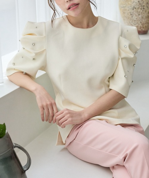 BIRTHDAY BASH(バースデイバッシュ)の「BIJOU PUFF FRENCH SLEEVE TOPS(ビジューパフフレンチスリーブトップス)(Tシャツ/カットソー・レディース・グレー/アイボリー・FREE)」の11枚目の写真
