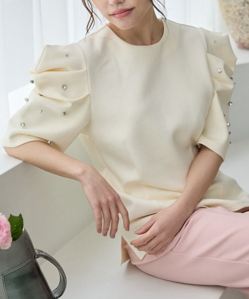 BIRTHDAY BASH(バースデイバッシュ)の「BIJOU PUFF FRENCH SLEEVE TOPS(ビジューパフフレンチスリーブトップス)(Tシャツ/カットソー・レディース・グレー/アイボリー・FREE)」の12枚目の写真