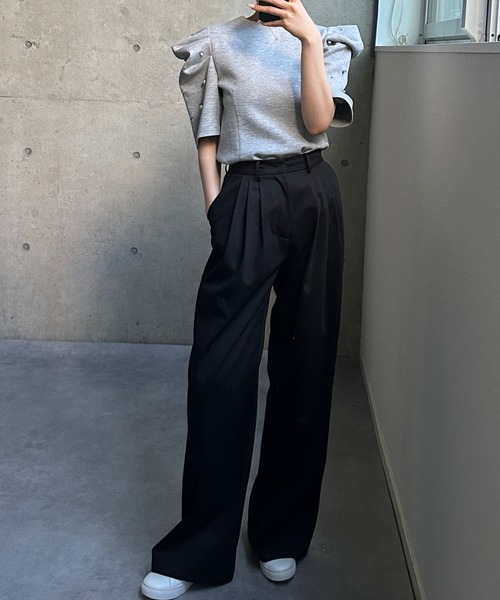 BIRTHDAY BASH(バースデイバッシュ)の「BIJOU PUFF FRENCH SLEEVE TOPS(ビジューパフフレンチスリーブトップス)(Tシャツ/カットソー・レディース・グレー/アイボリー・FREE)」の7枚目の写真