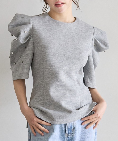 BIRTHDAY BASH(バースデイバッシュ)の「BIJOU PUFF FRENCH SLEEVE TOPS(ビジューパフフレンチスリーブトップス)(Tシャツ/カットソー・レディース・グレー/アイボリー・FREE)」の5枚目の写真