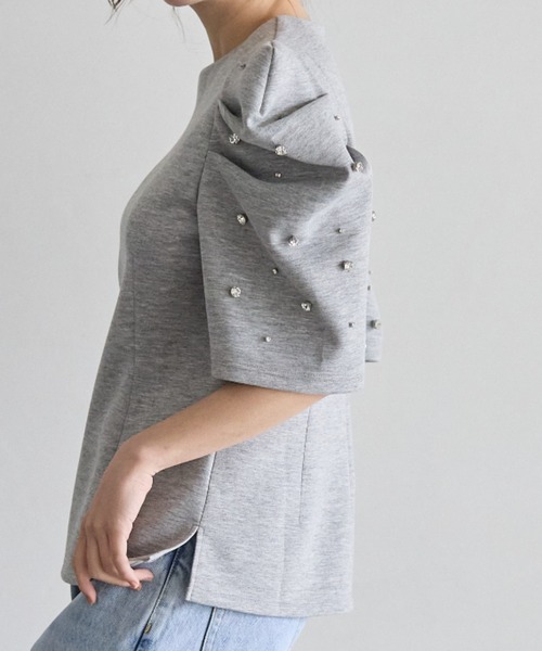 BIRTHDAY BASH(バースデイバッシュ)の「BIJOU PUFF FRENCH SLEEVE TOPS(ビジューパフフレンチスリーブトップス)(Tシャツ/カットソー・レディース・グレー/アイボリー・FREE)」の6枚目の写真
