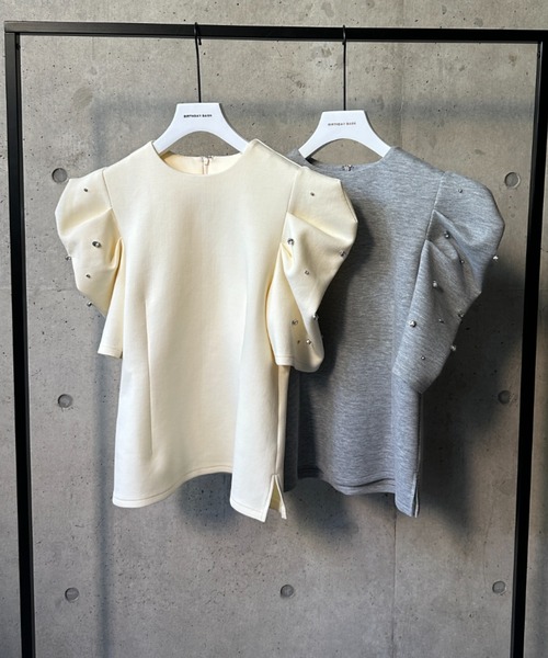BIRTHDAY BASH(バースデイバッシュ)の「BIJOU PUFF FRENCH SLEEVE TOPS(ビジューパフフレンチスリーブトップス)(Tシャツ/カットソー・レディース・グレー/アイボリー・FREE)」の18枚目の写真