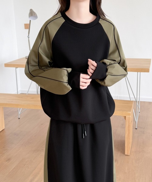 ABITOKYO(アビトーキョー)の「配色ライン異素材切り替えスウェットセットアップ(セットアップ・レディース・カーキ/ブラック・M/L)」の4枚目の写真