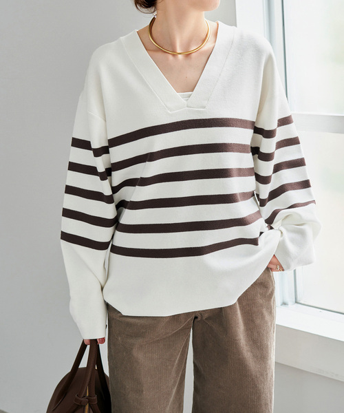 Spick & Span(スピックアンドスパン)の「《WEB限定カラー有り / 》ボーダーVネックニットプルオーバー(ニット/セーター・レディース・マルチ/その他1/その他4・FREE)」の3枚目の写真