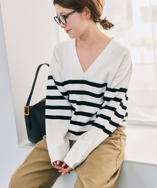 Spick & Span(スピックアンドスパン)の「《WEB限定カラー有り / 》ボーダーVネックニットプルオーバー(ニット/セーター・レディース・マルチ/その他1/その他4・FREE)」の1枚目の写真