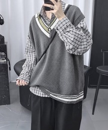 配色ラインVネックニットベストメンズ秋冬