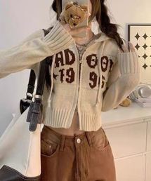 フード付きダブルジップショート丈ニット