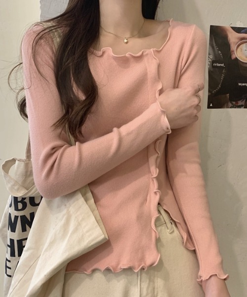 FLINEA(フリネア)の「デザインフリル長袖トップス(Tシャツ/カットソー・レディース・ホワイト/ブラック/モカ/グリーン/ピンク/ベージュ・FREE)」の6枚目の写真